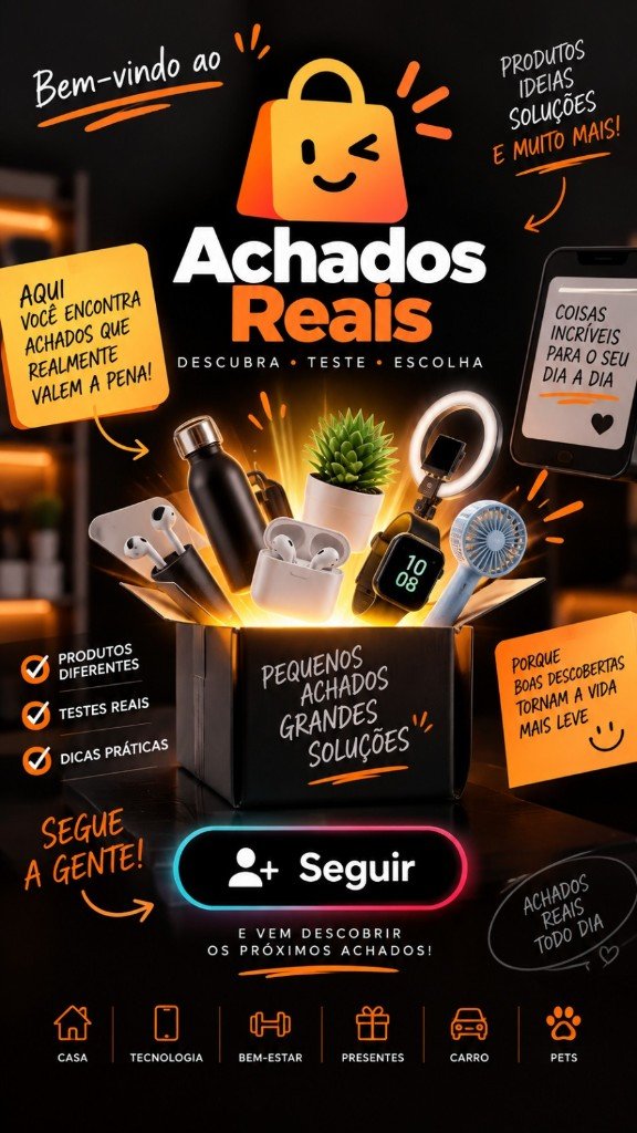Caixa do Achados Reais com fone, garrafa, planta, relógio e ventilador saindo de dentro.